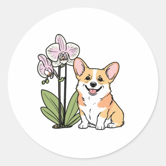 Schattigee Corgi met Orchidea Ronde Sticker (Voorkant)