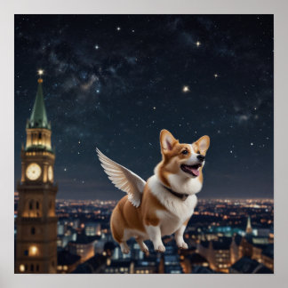 Schattigee Corgi met vleugels die boven een stadsh Poster