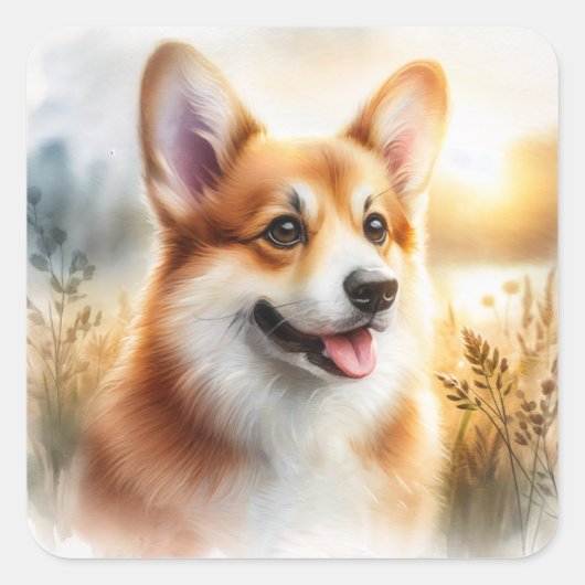 Schattigee Corgi Outdoors Waterverf Vierkante Sticker (Voorkant)