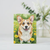 Schattigee Corgi Paardebloemen Spring Briefkaart (Staand voorkant)