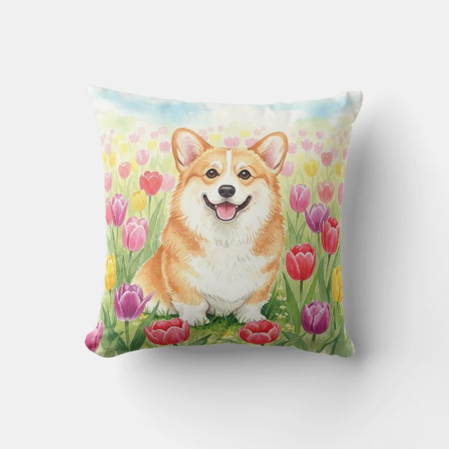 Schattigee Corgi Tulpen Lentekussen Kussen (Voorkant)
