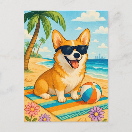 Schattigee Corgi zonnebril Palm Beach Briefkaart (Voorkant)