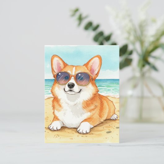 Schattigee Corgi Zonnebril Strand Oceaan Zomer Bri Briefkaart (Staand voorkant)
