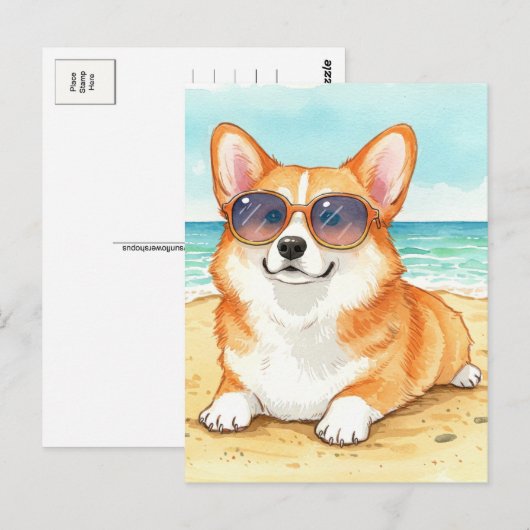 Schattigee Corgi Zonnebril Strand Oceaan Zomer Bri Briefkaart (Voorkant / Achterkant)