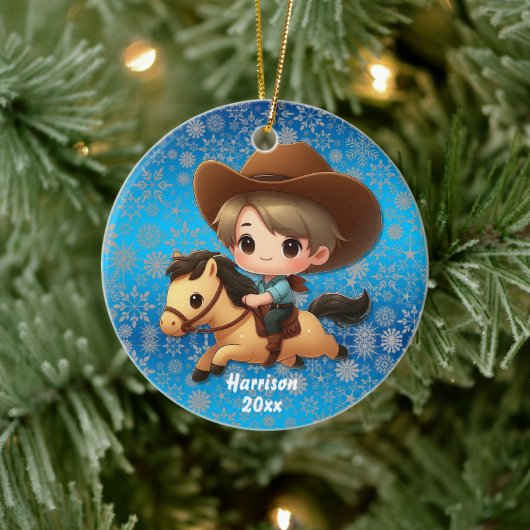 Schattigee Cowboy en Paard Western Keramisch Ornament (Boom)