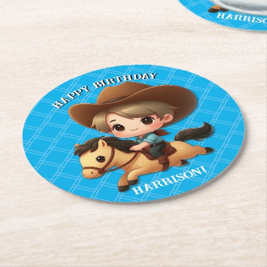 Schattigee Cowboy en Paard Western Verjaardag Ronde Kartonnen Onderzetter (Gebogen)