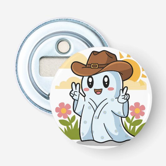 Schattigee Cowboy Ghost voor Halloween Fun Decorat Button Flesopener (Voorkant)