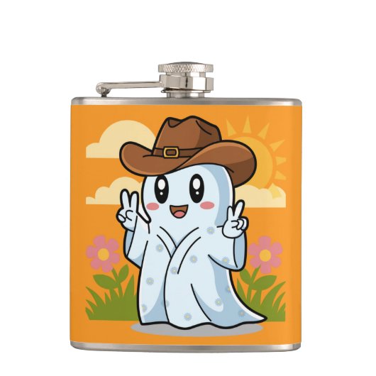 Schattigee Cowboy Ghost voor Halloween Fun Decorat Heupfles (Voorkant)