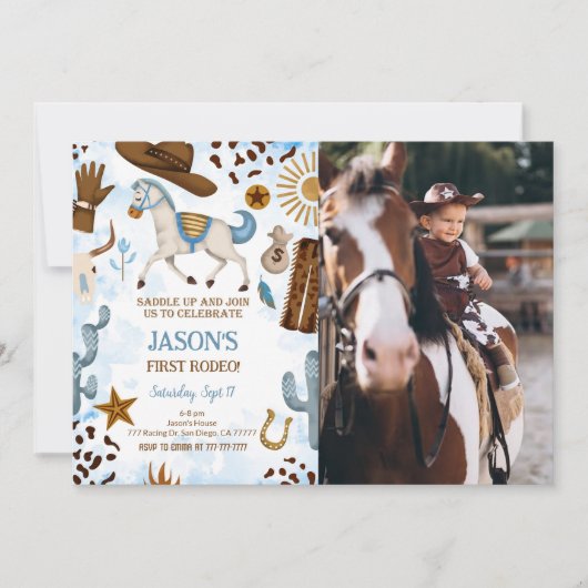 Schattigee Cowboy Verjaardagsfotouitnodiging Kaart (Voorkant)