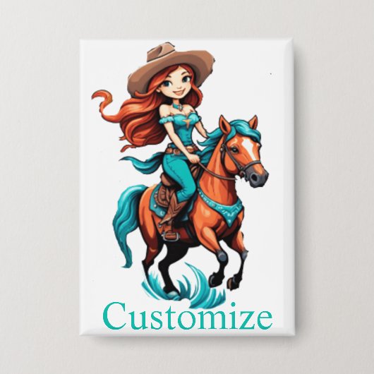 Schattigee Cowgirl Rijden Pony Thunder_Cove Button (Voorkant)