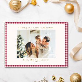 Schattigee Cranberry Red Plaid Custom Foto Kerstmi Feestdagenkaart