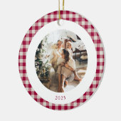 Schattigee Cranberry Red Plaid Custom Foto Kerstmi Keramisch Ornament (Links)