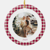 Schattigee Cranberry Red Plaid Custom Foto Kerstmi Keramisch Ornament (Achterkant)