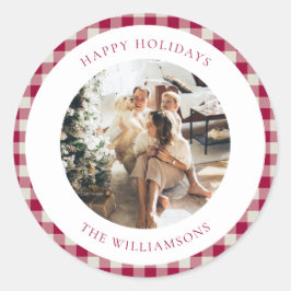 Schattigee Cranberry Red Plaid Custom Foto Kerstmi Ronde Sticker