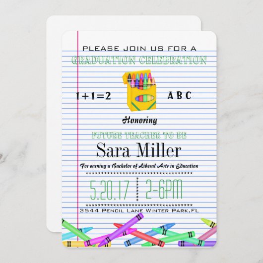 Schattigee Crayola Teacher Afstuderen Uitnodiging (Voorkant / Achterkant)
