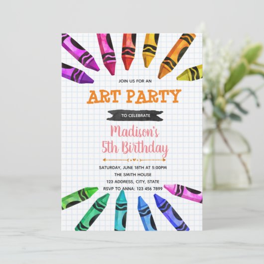 Schattigee Crayon Party Thema uitnodiging (Staand voorkant)