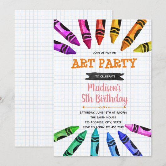 Schattigee Crayon Party Thema uitnodiging (Voorkant / Achterkant)
