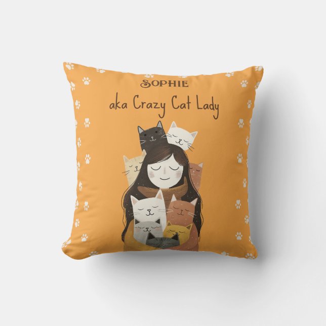 Schattigee Crazy Cat Lady Illustratie met Naam Gee Kussen (Voorkant)