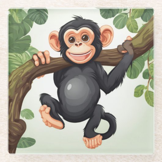 Schattigee Crazy Funny Chimpanzee Cartoon Glazen Onderzetter (Voorkant)