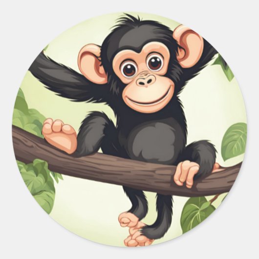 Schattigee Crazy Funny Chimpanzee Cartoon Ronde Sticker (Voorkant)
