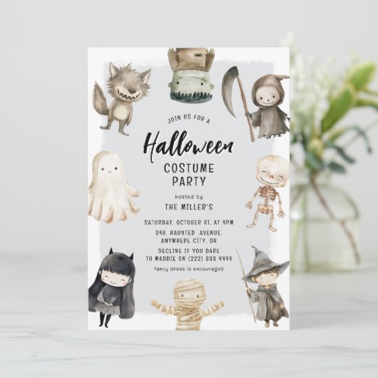 Schattigee Creeps Kinder Halloween Kostuumfeest Kaart (Staand voorkant)