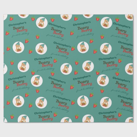 Schattigee Cub Aardbeien Beary Berry Eerste Verjaa Cadeaupapier (Vlak)