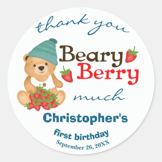 Schattigee Cub Aardbeien Beary Berry Eerste Verjaa Ronde Sticker (Voorkant)