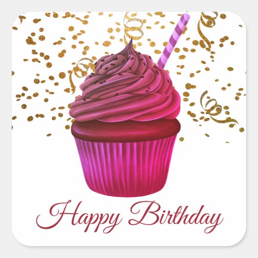 Schattigee cupcake met Confetti Happy Birthday Vierkante Sticker (Voorkant)