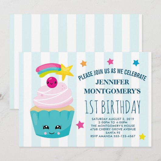 Schattigee Cupcake met Kawaii Gezicht Verjaardag Kaart (Voorkant / Achterkant)