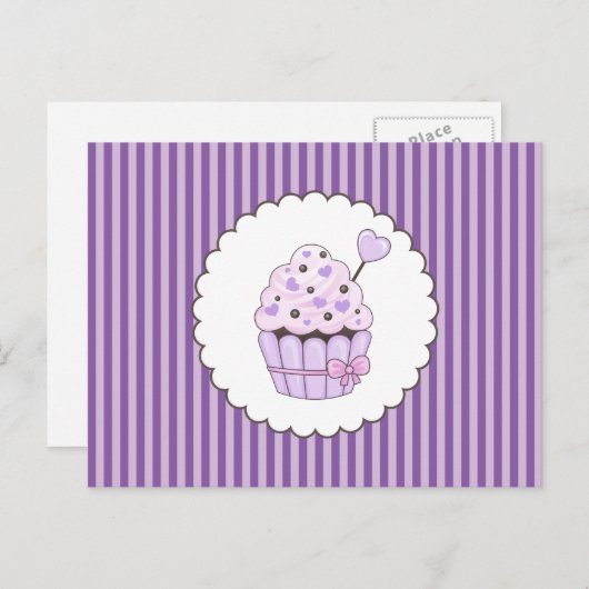 Schattigee cupcake met Paarse gestreepte achtergro Briefkaart (Voorkant / Achterkant)