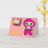 Schattigee Cupcake Ninja- Roze- Verjaardag Kaart (Gele Bloem)