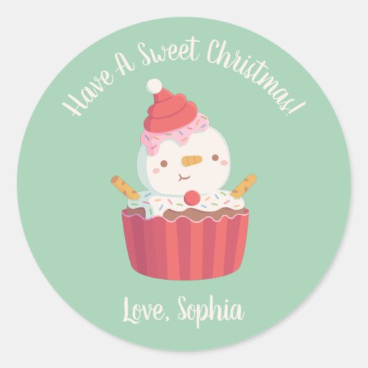 Schattigee Cupcake Sneeuwman, Lief Kerstmis Ronde Sticker (Voorkant)