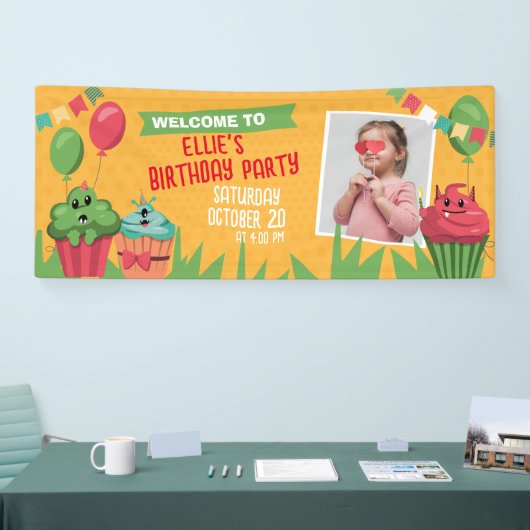Schattigee Cupcake Verjaardagsfeestje Horizontale Spandoek (Beurs)
