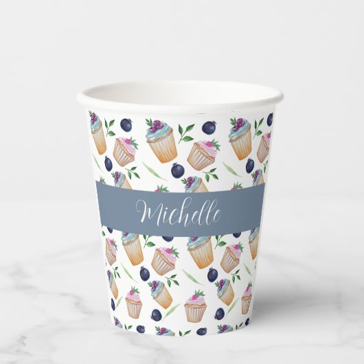 Schattigee cupcakes en fruit Waterverf patroon Papieren Bekers (Voorkant)