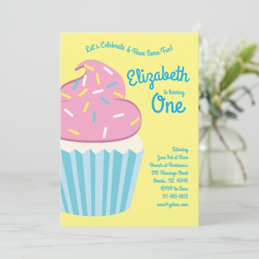 Schattigee Cupcakes Kinder 1e Verjaardagsfeestje Kaart (Staand voorkant)