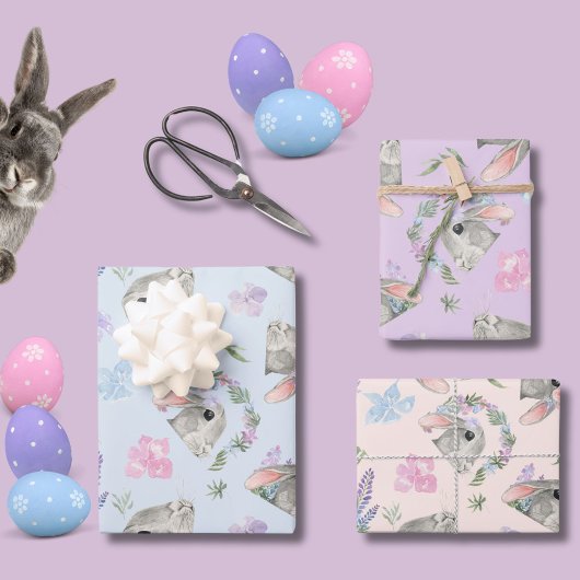 Schattigee Curious Rabbits Floral Pastel Roze Blau Inpakpapier Vel