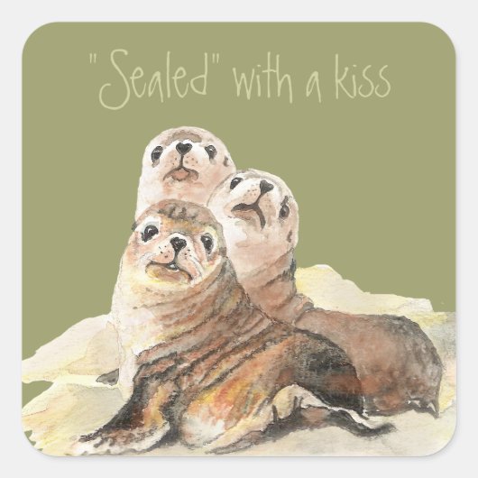 Schattigee Curious Seals, verzegeld met een Kiss Vierkante Sticker (Voorkant)