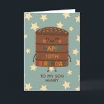Schattigee Custom Choco Cake Son 10th Birthday Kaart<br><div class="desc">Vier de grote dag van je zoon met deze schattige 10e verjaardagskaart met een schattige glimlachende choco cake karakterillustratie, kleurrijke strooien en een vrolijke "Happy Birthday" boodschap. Deze kaart is geplaatst tegen een speelse sterrenachtergrond en is ideaal voor kinderen die houden van leuke, gekke en lieve design. Personaliseer het met...</div>