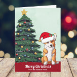 Schattigee Custom Corgi in Santa Hat Kerstboom Feestdagen Kaart<br><div class="desc">Deze prachtige Pembroke Welsh Corgi dog heeft zijn hoofd gekanteld in een schattig Sinterklaas pet. De pup zit voor een  kerstboom versierd met kleurrijke ornamenten. Vrolijk kerstfeest is geschreven op de voorkant in heerlijk cursief op deze aangepaste huisdier eigenaar vakantie kaart met een prachtige tekening van mijn favoriete hond.</div>
