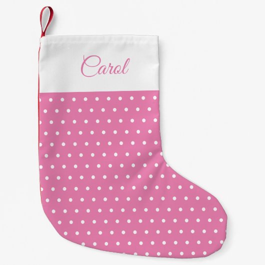 Schattigee Custom Name Roze en Witte Polka Dot Kleine Kerstsok (Voorkant)