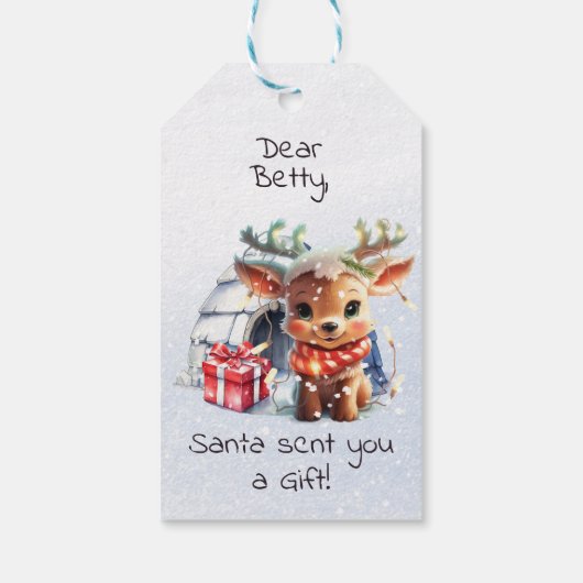 Schattigee Custom Santa Reindeer Snowflake Kind Ke Cadeaulabel (Achterkant)