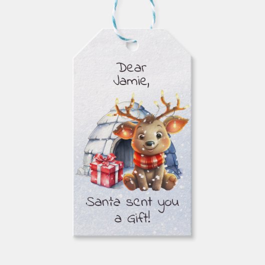 Schattigee Custom Santa Reindeer Snowflake Kind Ke Cadeaulabel (Voorkant)