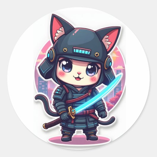 Schattigee Cyber Samurai Cat Anime Sticker voor La (Voorkant)