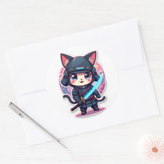 Schattigee Cyber Samurai Cat Anime Sticker voor La (Envelop)