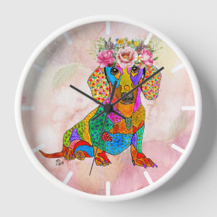 Schattigee Dachshund Floral Crown Clock