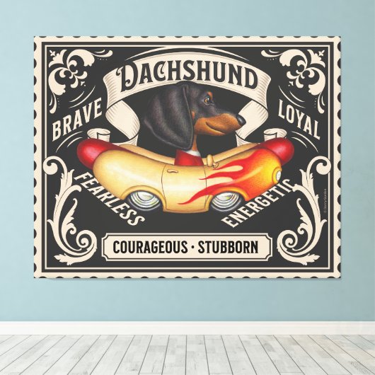 Schattigee Dachshund Rijden Flaming Hot Dog Auto Canvas Afdruk (Insitu (Houten vloer))