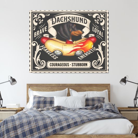 Schattigee Dachshund Rijden Flaming Hot Dog Auto Canvas Afdruk (Insitu (Slaapkamer))