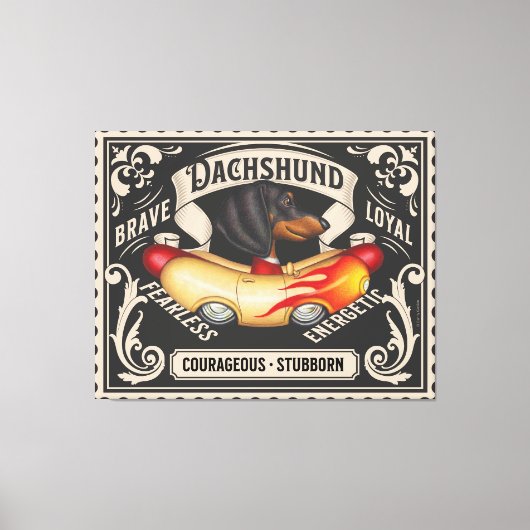 Schattigee Dachshund Rijden Flaming Hot Dog Auto Canvas Afdruk (Voorkant)