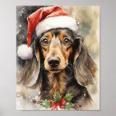 Schattigee Dachshund Santa Puppy Waterverf Kunst Poster (Voorkant)