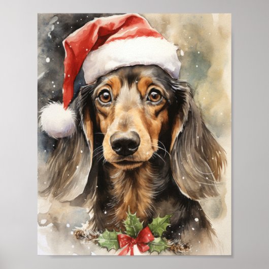 Schattigee Dachshund Santa Puppy Waterverf Kunst Poster (Voorkant)